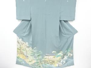 リサイクル　手描友禅屋敷に庭園風景模様刺繍五つ紋色留袖(比翼衿付き)